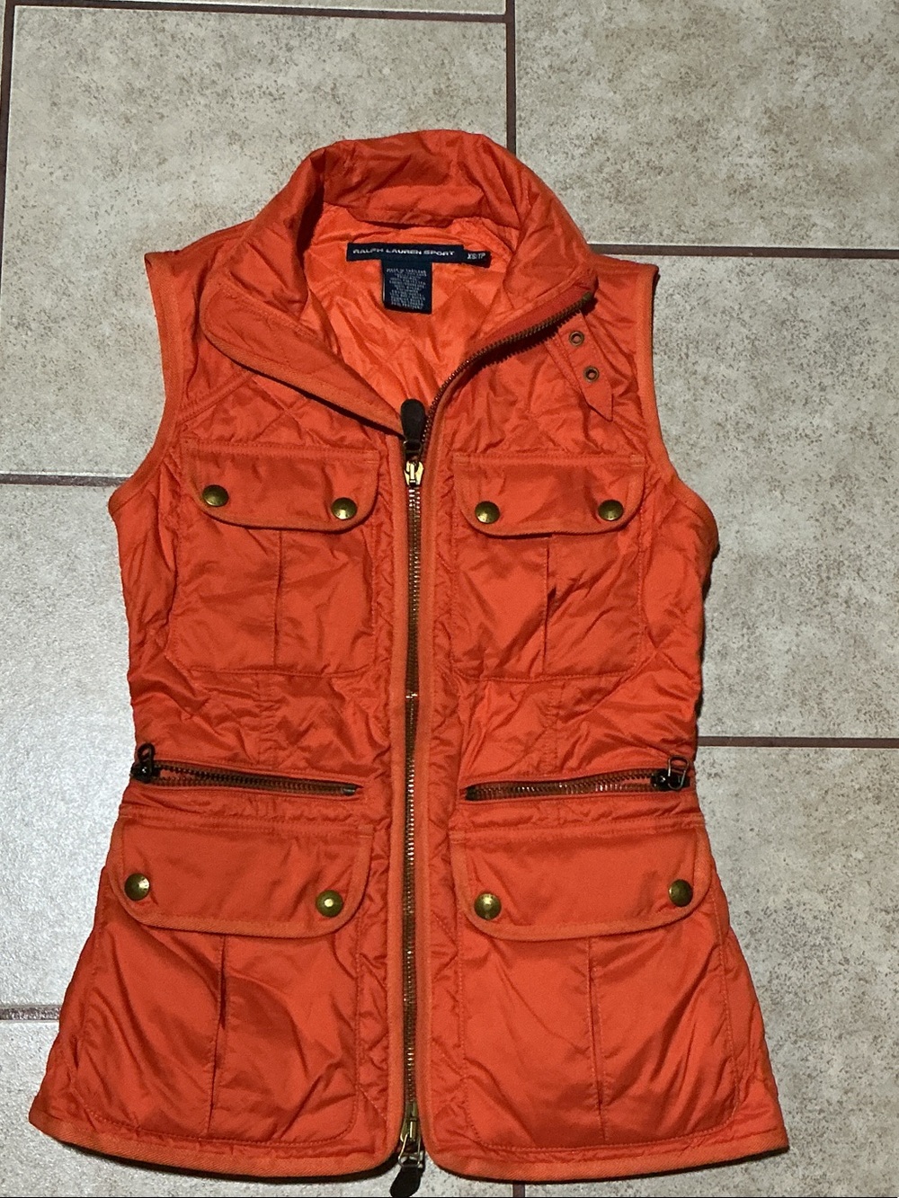 Ralph Lauren Orange Quilted Utility Vest with Brass Accents
